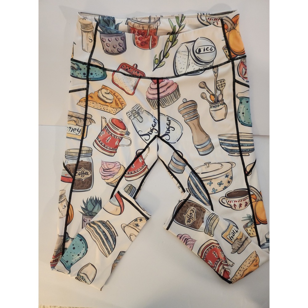Kitchen Bakery Print High Waisted Leggings with Pockets Cream XXL